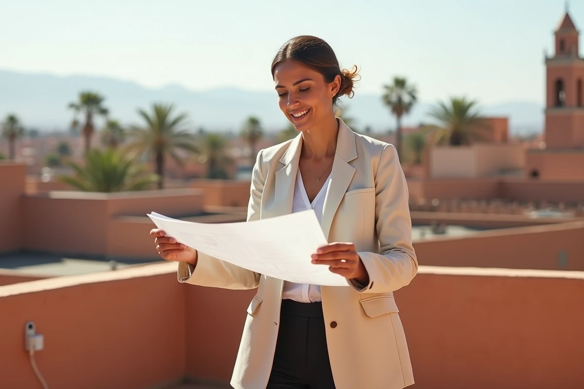 Femme consultant des plans immobiliers sur une terrasse avec vue sur les toits de Marrakech