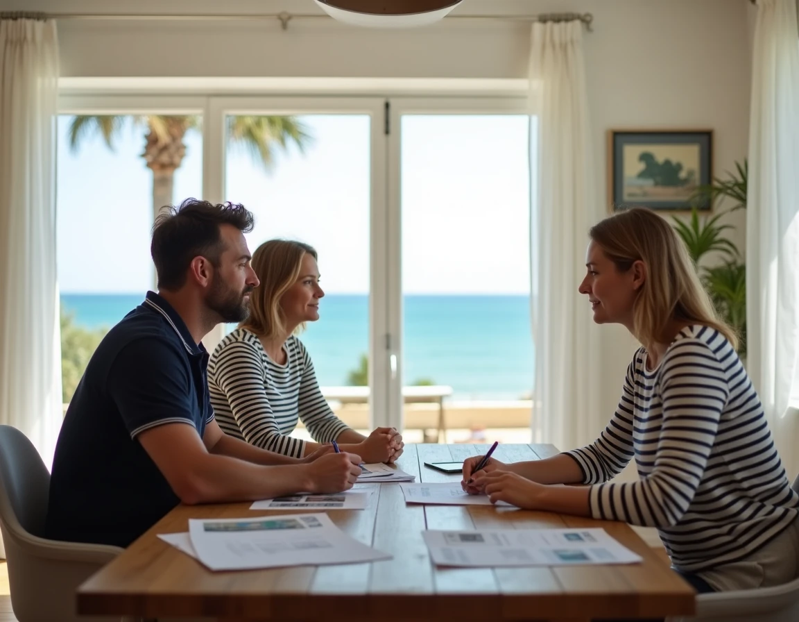 Couple en négociation avec un agent immobilier pour l'achat d'une maison vue mer en Provence