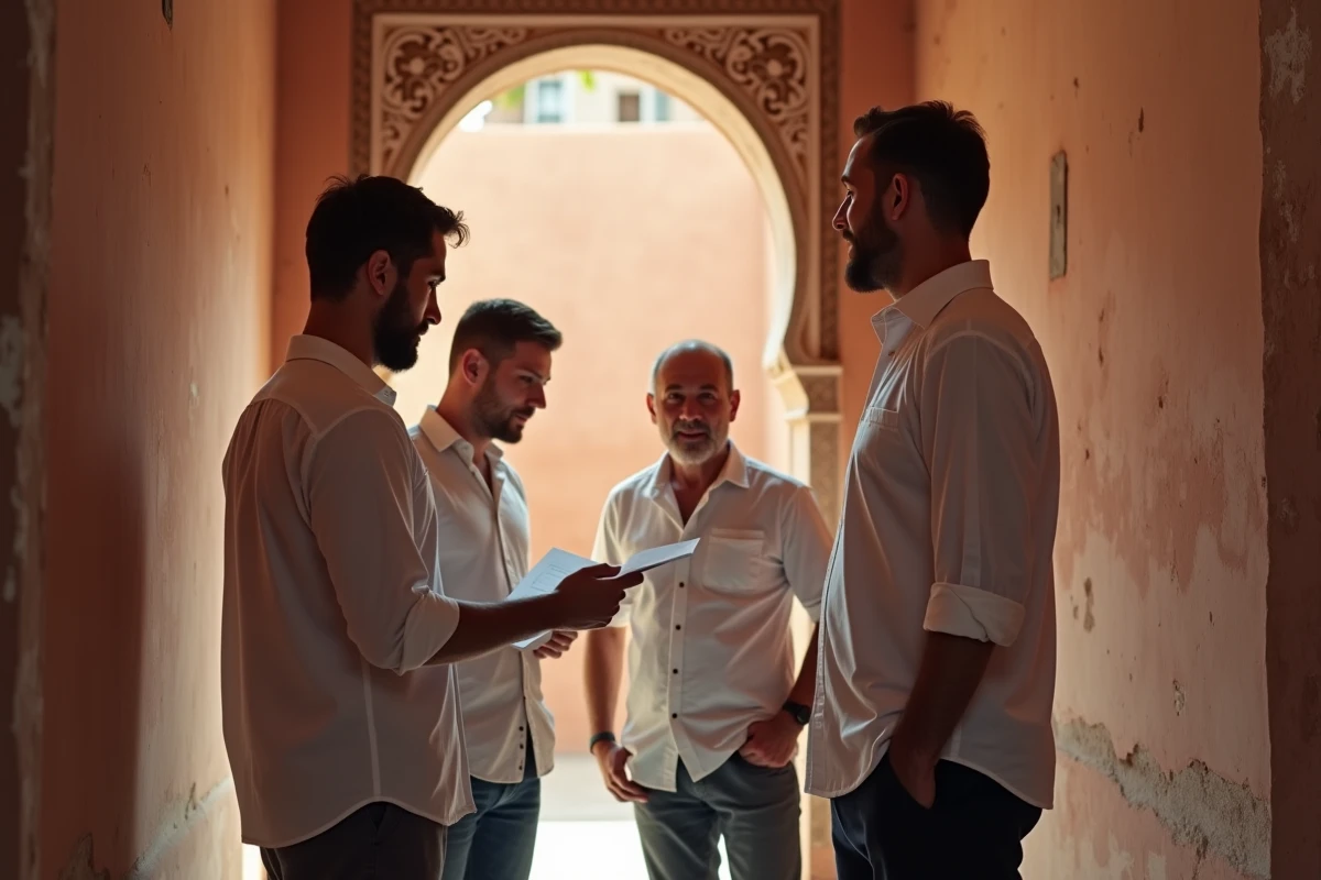 Agent immobilier présentant un riad à des acheteurs étrangers dans la médina de Marrakech lors d'une visite de bien