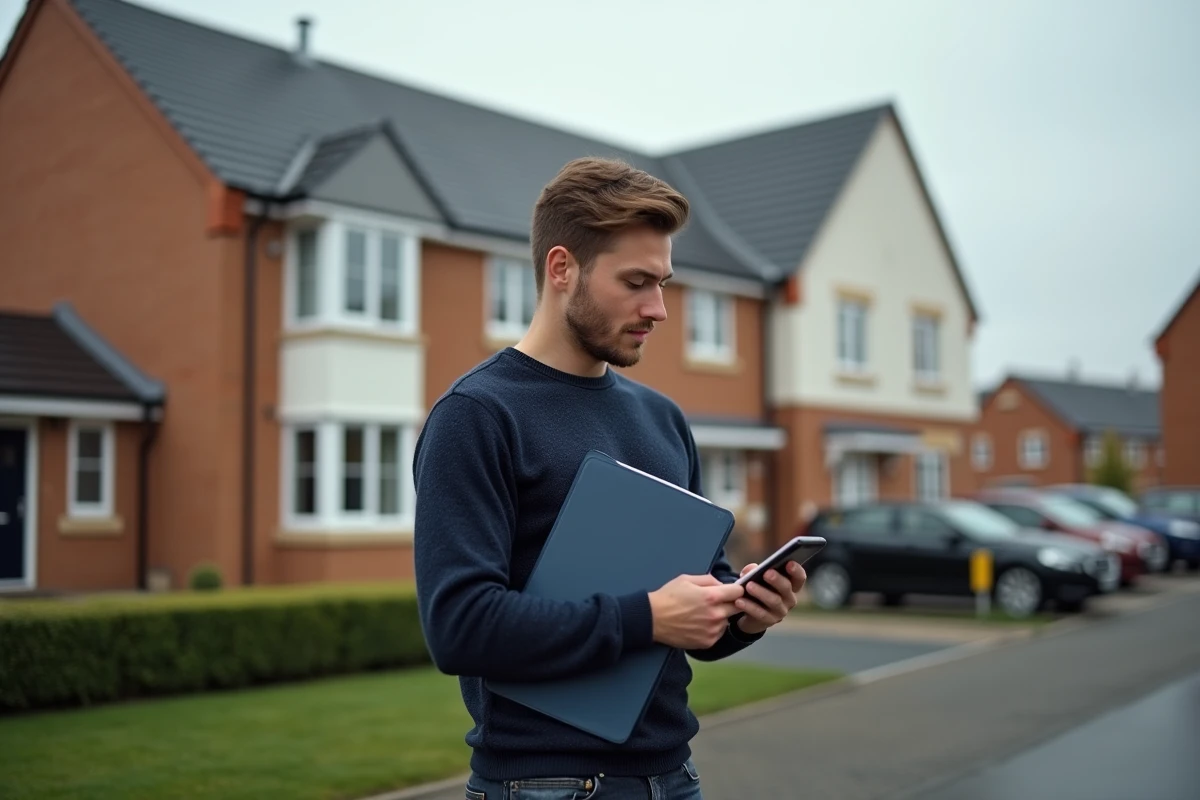 Jeune acquéreur immobilier consultant une simulation de taux CASDEN devant sa future maison