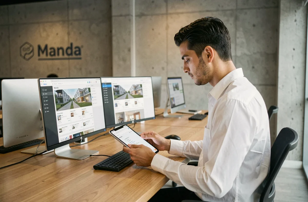 Bureau moderne de l'agence de location en ligne Manda avec interface numérique de gestion locative