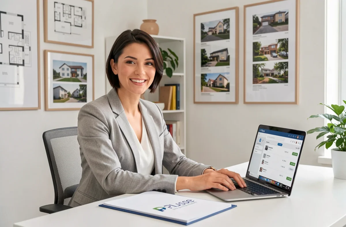 Agente souriante de l'agence Plusse dans un bureau moderne dédié à la location d'appartements