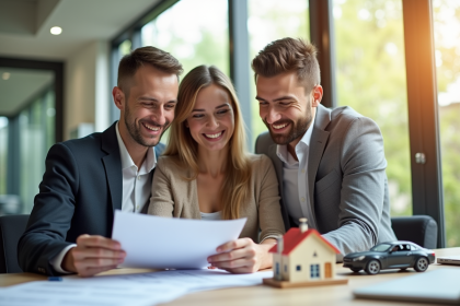 Agent d'assurance souriant avec un couple dans un bureau lumineux