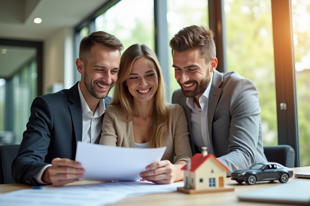 Agent d'assurance souriant avec un couple dans un bureau lumineux