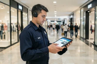 Agent de sécurité BSK en uniforme consultant l'application Liloo sur une tablette dans un centre commercial