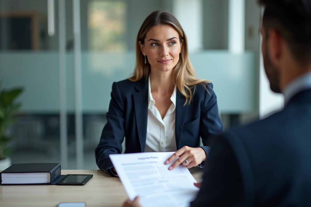 Agent immobilier expliquant une assurance loyers impayés à un propriétaire dans une agence moderne