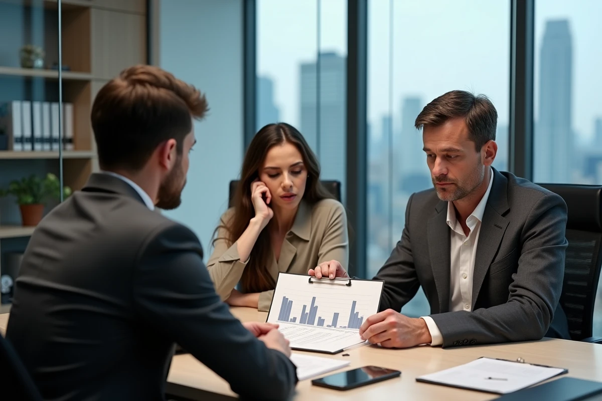 Agent immobilier présentant une comparaison loyer versus achat immobilier à un couple lors d'un rendez-vous conseil en 2026