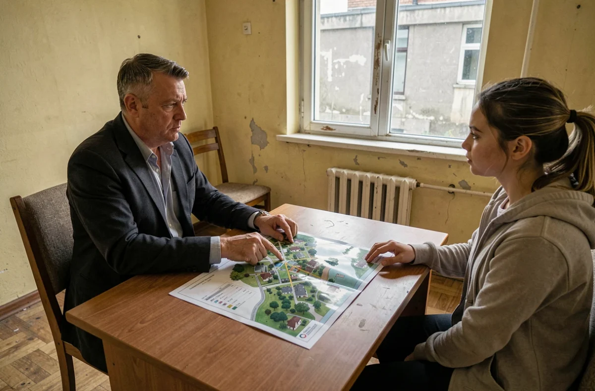 Agent immobilier conseillant un jeune couple sur les risques d'achat dans certains quartiers de Rennes
