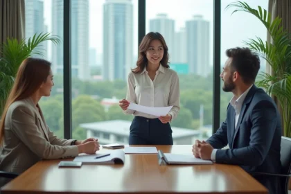 Agent immobilier thaïlandaise présentant des documents de copropriété à un couple étranger dans un bureau moderne de Bangkok