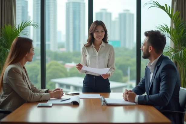 Agent immobilier thaïlandaise présentant des documents de copropriété à un couple étranger dans un bureau moderne de Bangkok
