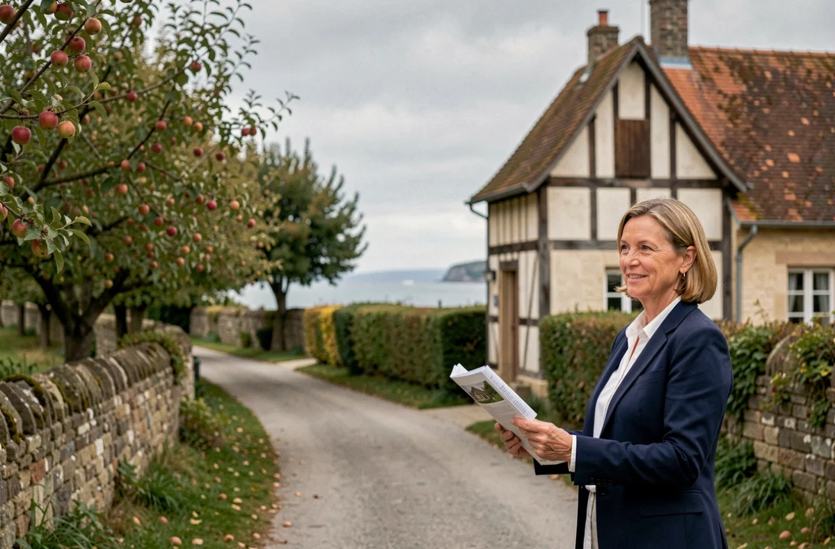 Agent immobilier présentant une petite maison normande avec vue mer à vendre
