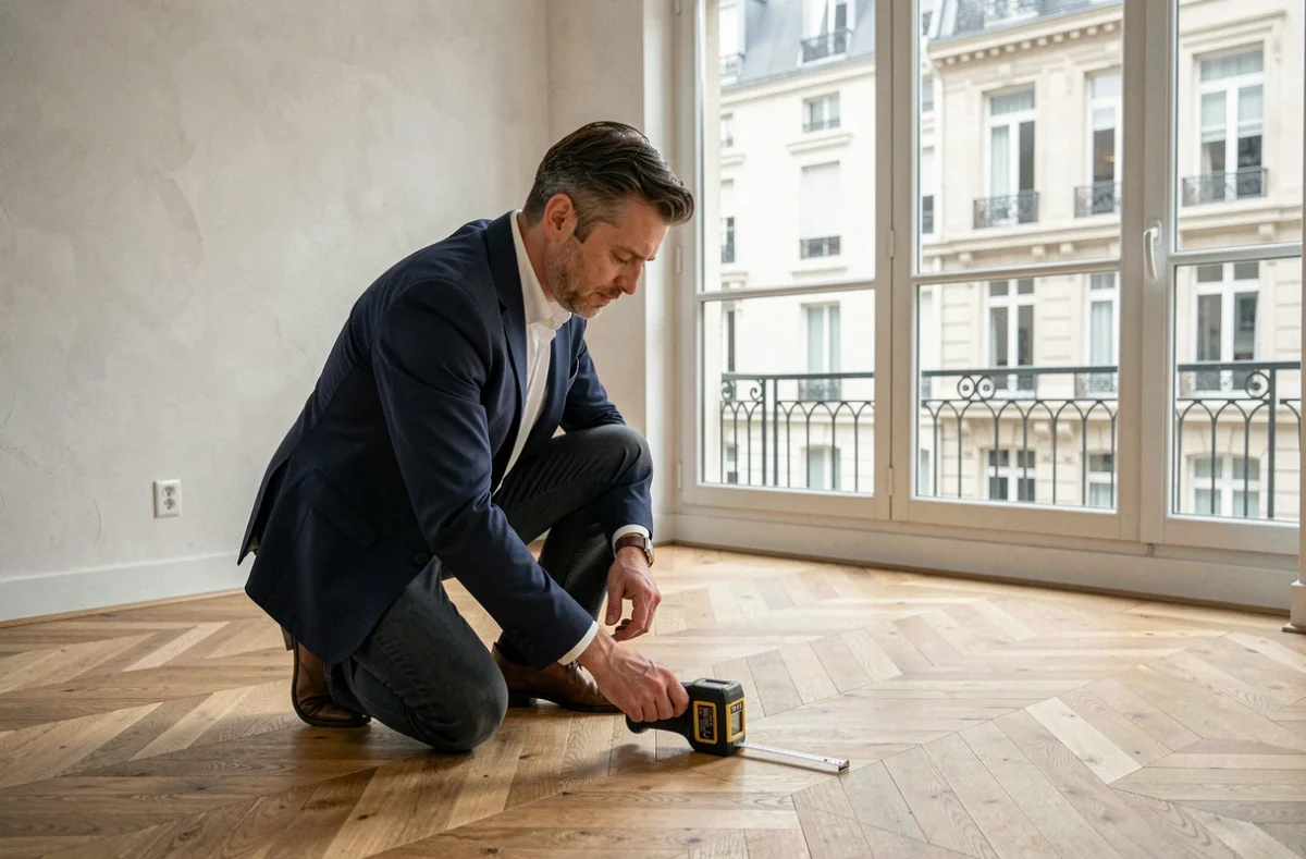Agent immobilier mesurant la surface habitable d'un appartement en copropriété avec un télémètre laser, illustration de la loi Carrez