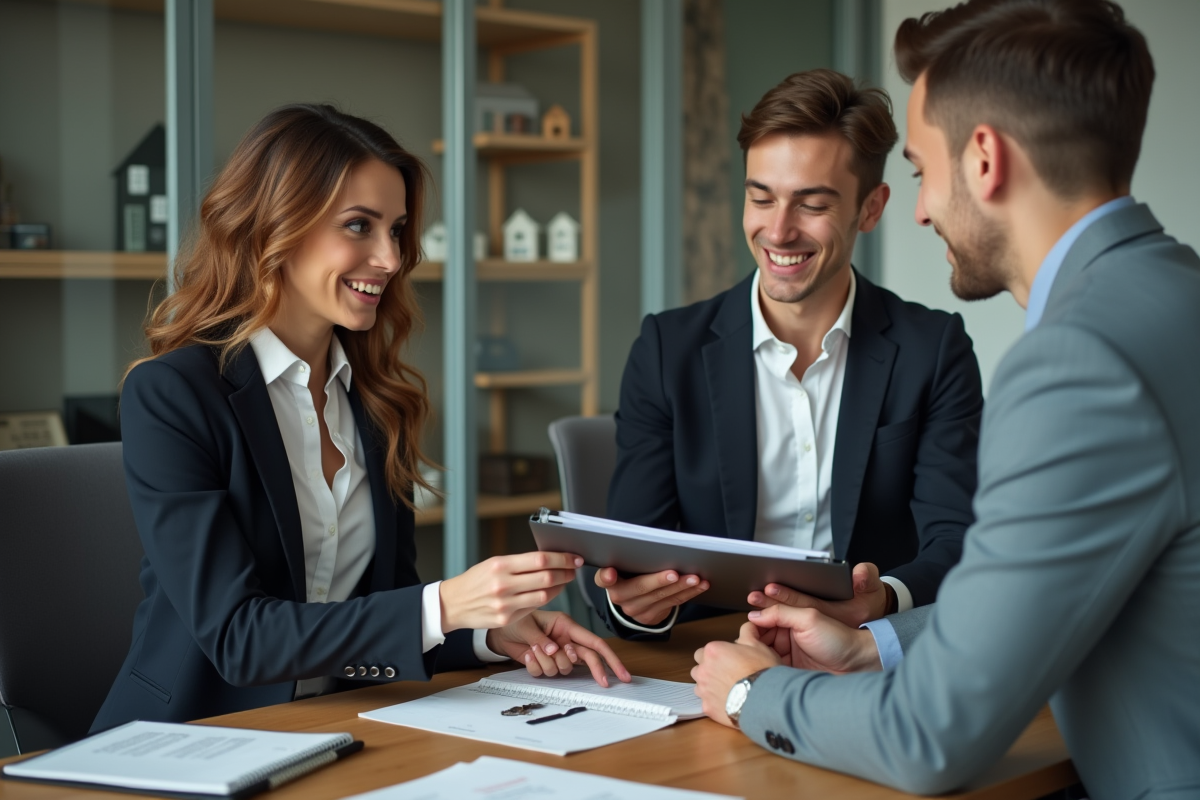 Agent immobilier remettant des clés à un jeune homme