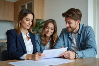 Agent immobilier avec couple et checklist appartement