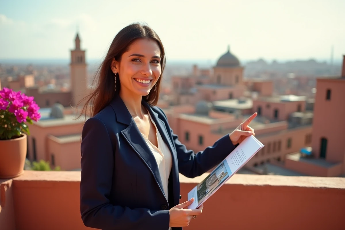Agent immobilier présentant un appartement à vendre à Marrakech sur une terrasse avec vue sur la médina