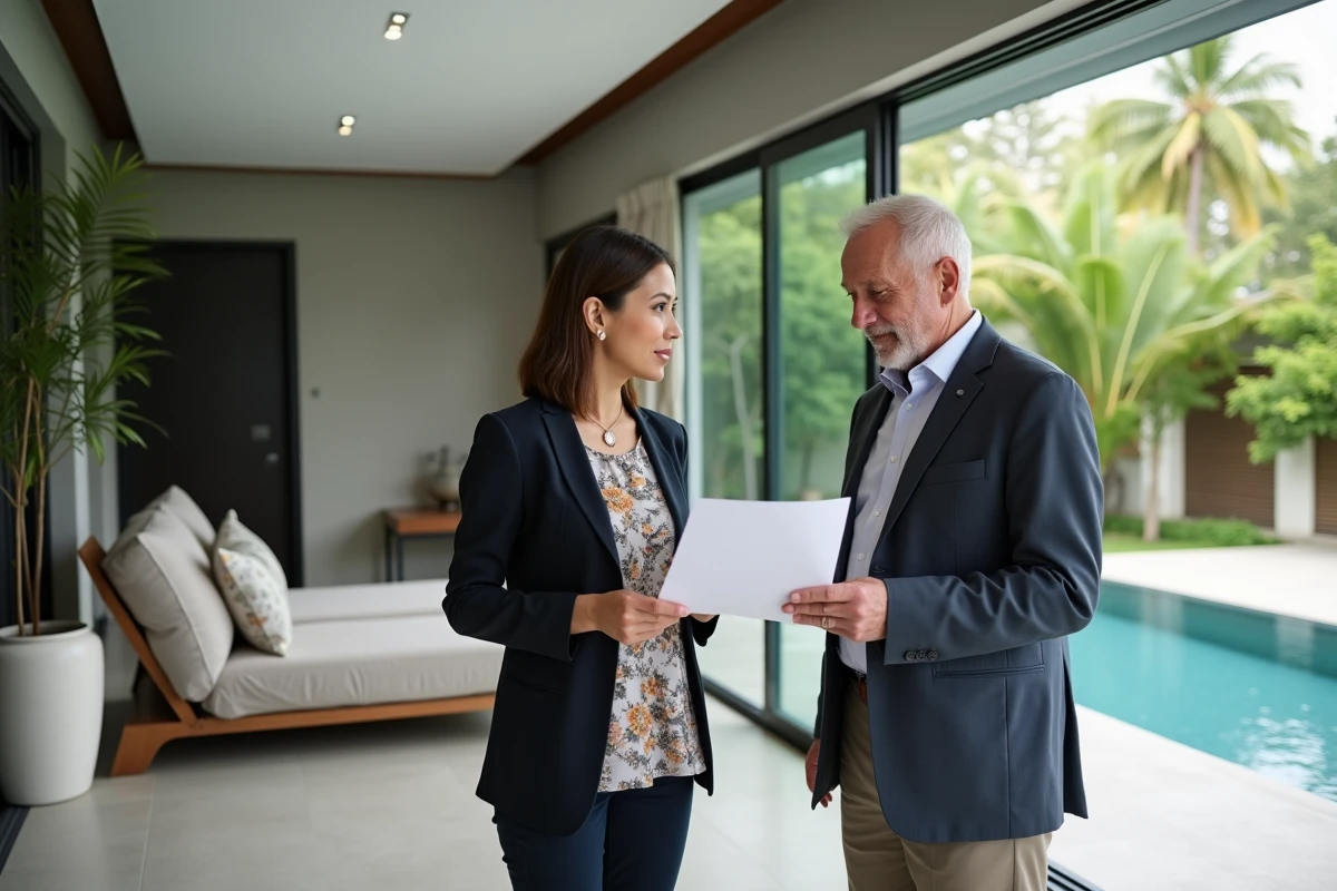 Agent immobilière thaïlandaise présentant des documents de vente à un retraité étranger dans une villa moderne avec piscine à Phuket