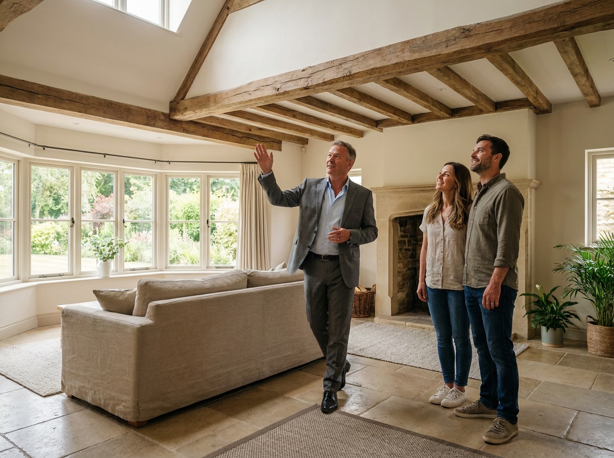 Agent immobilier présentant un bien résidentiel à un couple lors d'une visite