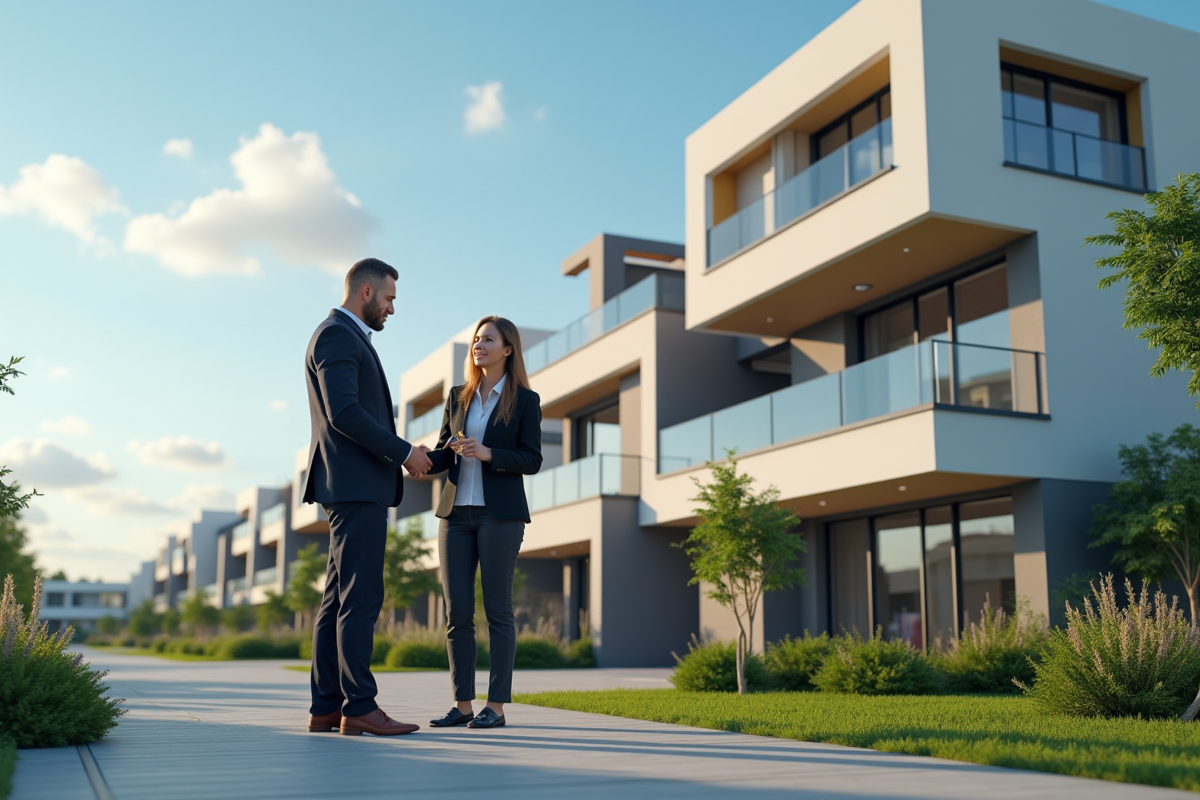 Agent immobilier remettant des clés à un investisseur devant un bâtiment moderne