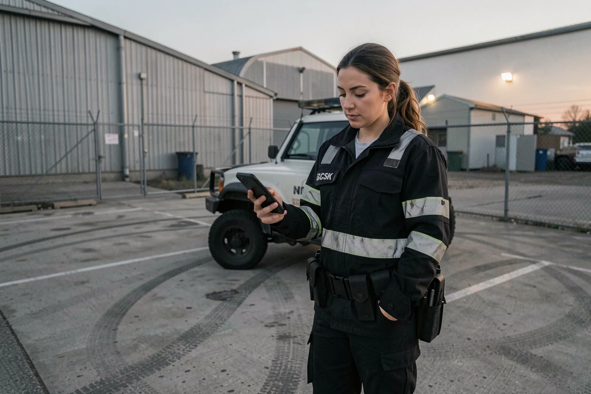 Agente de sécurité BSK sur le terrain consultant l'outil Liloo depuis son smartphone près d'un véhicule de sécurité