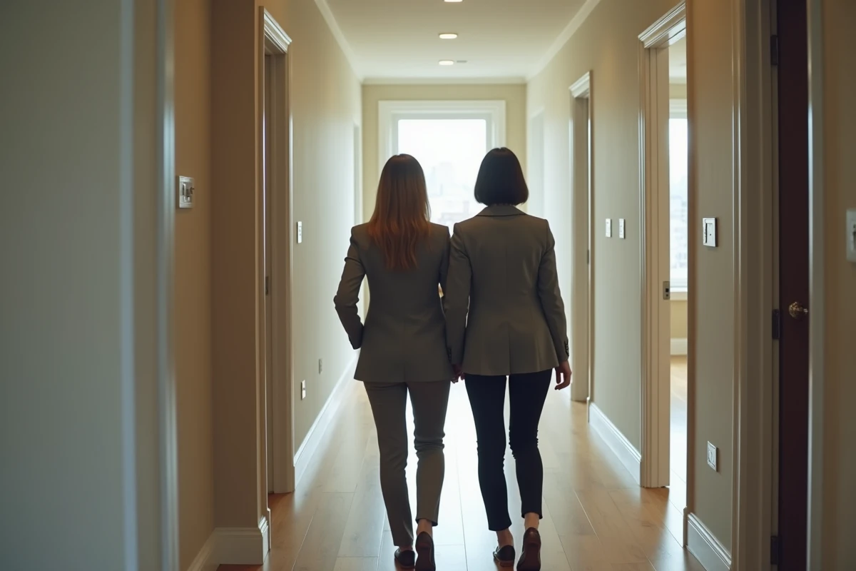 Agent immobilier guide une jeune femme dans un couloir d appartement