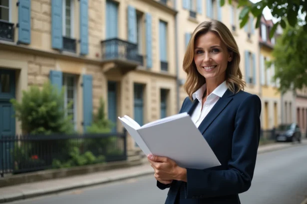 Agente immobilière de l'agence Dumoulin 87 présentant un bien immobilier devant un immeuble en pierre à Limoges