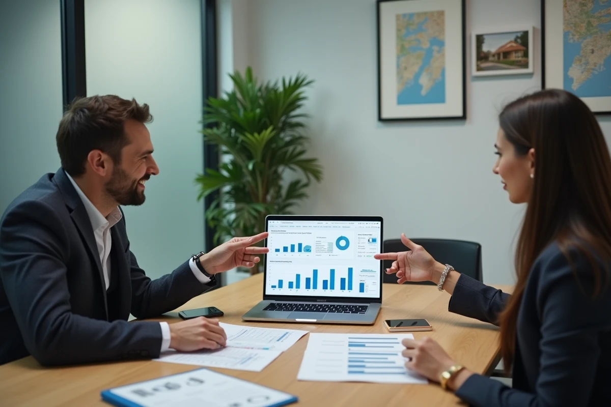 Deux agents immobiliers analysant un tableau comparatif de portails immobiliers lors d'une réunion en agence