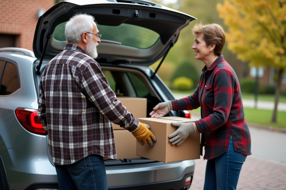 Un homme âgé aidant une femme à charger la voiture