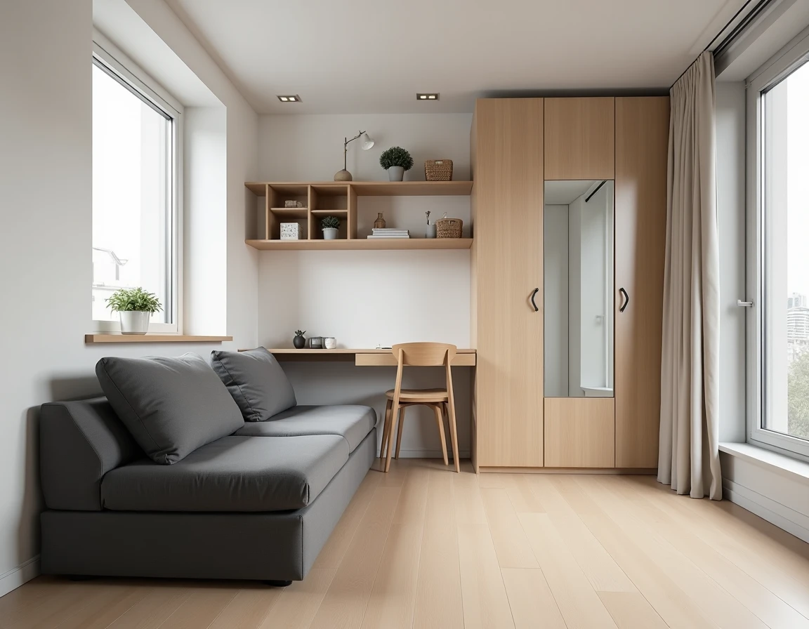 Studio étudiant de 20 m² aménagé avec canapé-lit, bureau mural rabattable, étagères flottantes et armoire à miroir pour optimiser l'espace