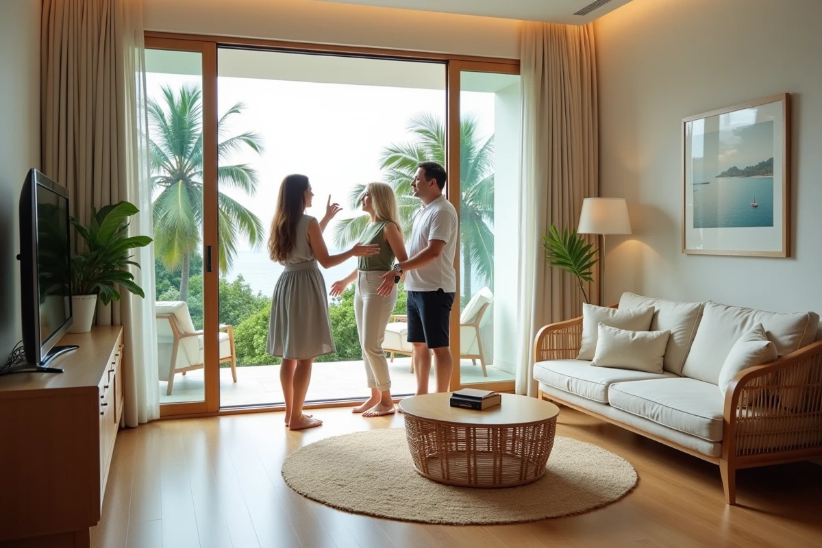 Intérieur d'un appartement en copropriété à Phuket avec vue sur mer et designer discutant avec des acheteurs étrangers