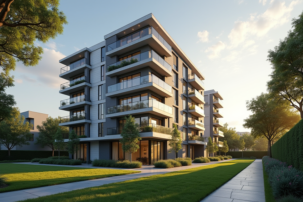 Façade d un immeuble moderne avec jardin bien entretenu en matinée ensoleillée