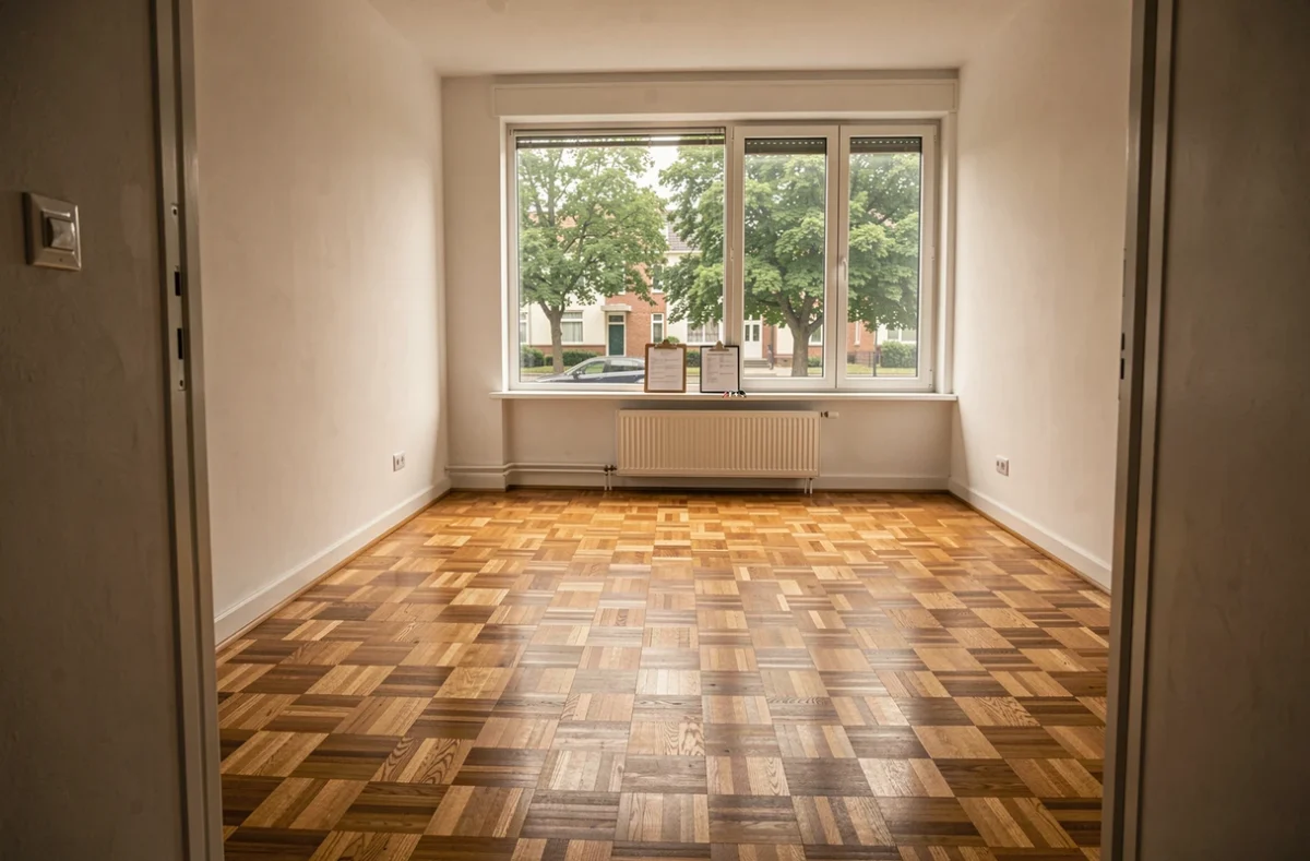 Appartement vacant inspecté par un propriétaire non occupant avec documents de gestion locative sur le rebord de fenêtre