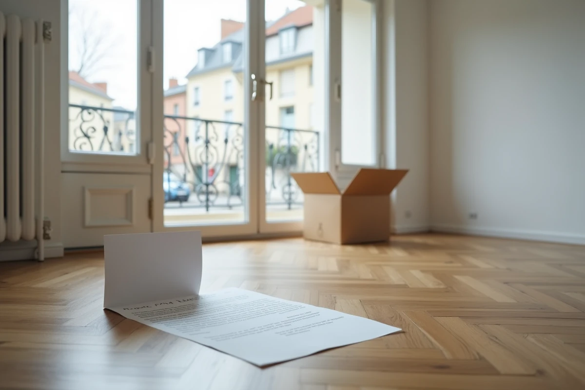 Appartement vide avec une lettre de loyer impayé sur le parquet, évoquant un départ de locataire