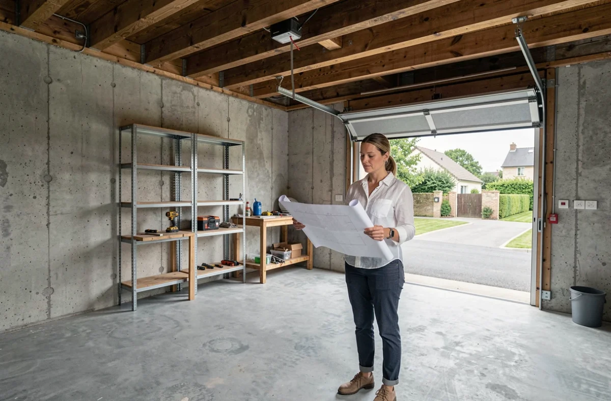 Architecte analysant les plans d'un garage en rénovation avec murs en béton brut et charpente bois apparente