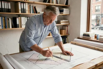 Architecte étudiant les règles de limite de propriété sur des plans cadastraux dans un bureau professionnel