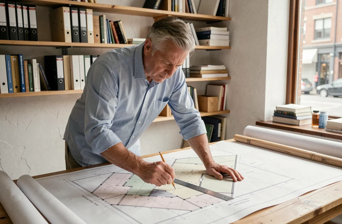 Architecte étudiant les règles de limite de propriété sur des plans cadastraux dans un bureau professionnel