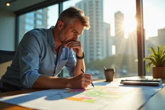 Architecte en intérieur examinant des plans de zonage