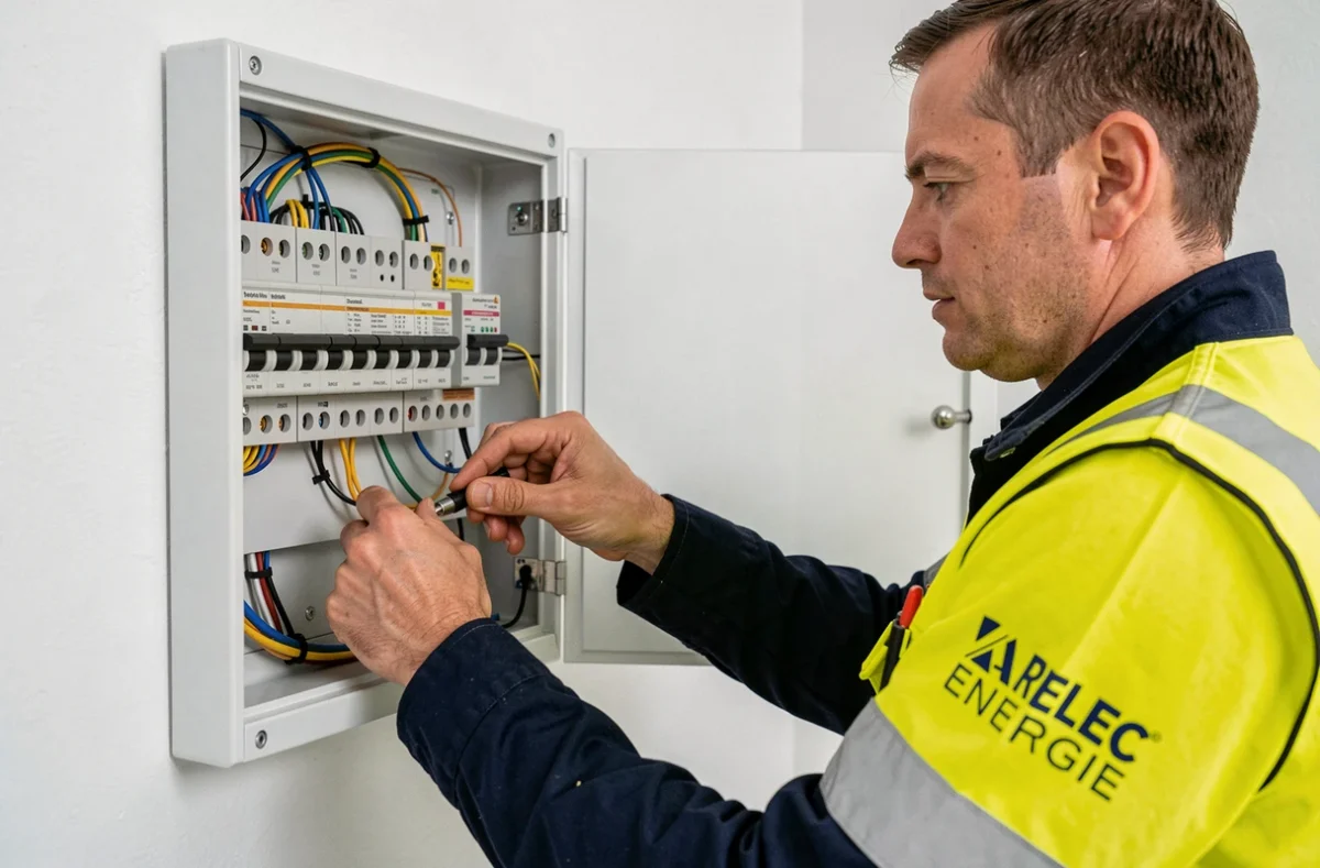 Électricien ARELEC ENERGIE câblant un tableau électrique lors d'une rénovation énergétique