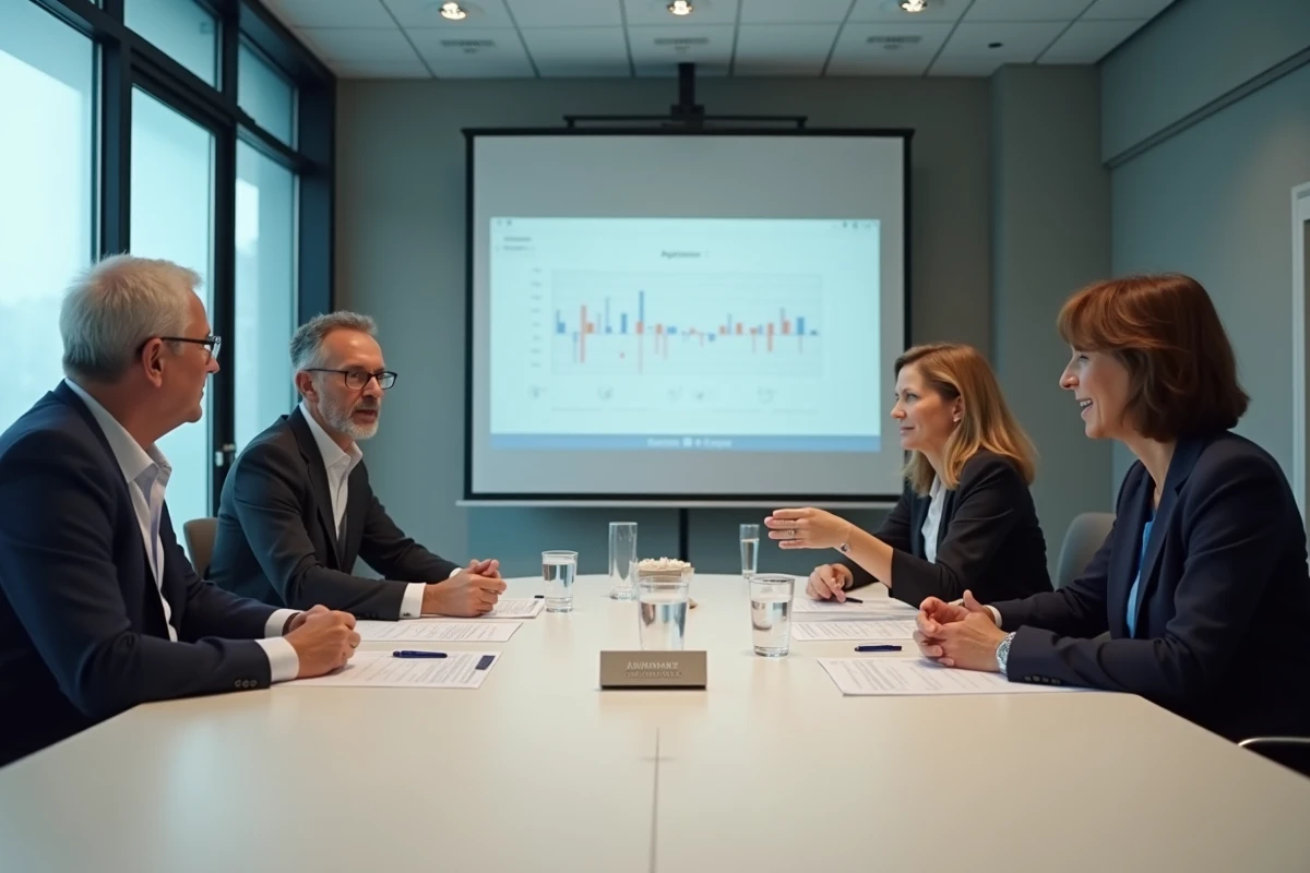 Assemblée générale de copropriété avec copropriétaires réunis autour d'une table de conférence moderne