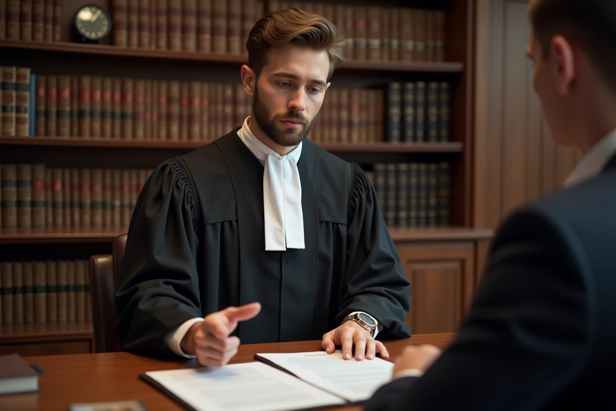 Avocat en robe expliquant un contrat de bail à un locataire handicapé lors d'une consultation juridique sur le contentieux locatif