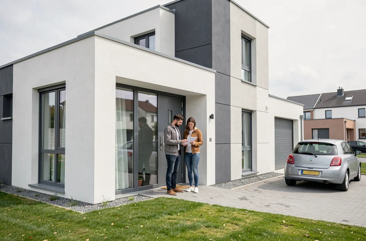 Babeau-Seguin : couple devant une maison individuelle moderne aux lignes contemporaines dans un lotissement en Eure-et-Loir