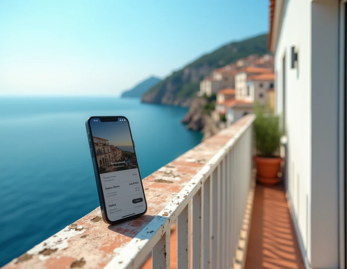 Vue depuis un balcon sur la Côte d'Azur avec smartphone affichant des annonces immobilières vue mer