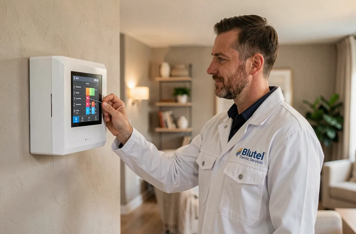 Technicien Blutel Thermic Services réglant un thermostat de système de chauffage rénové