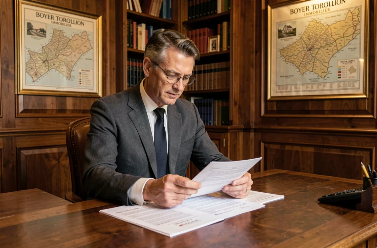Agent expérimenté de Boyer Torrollion Immobilier dans un bureau classique examinant des dossiers de location