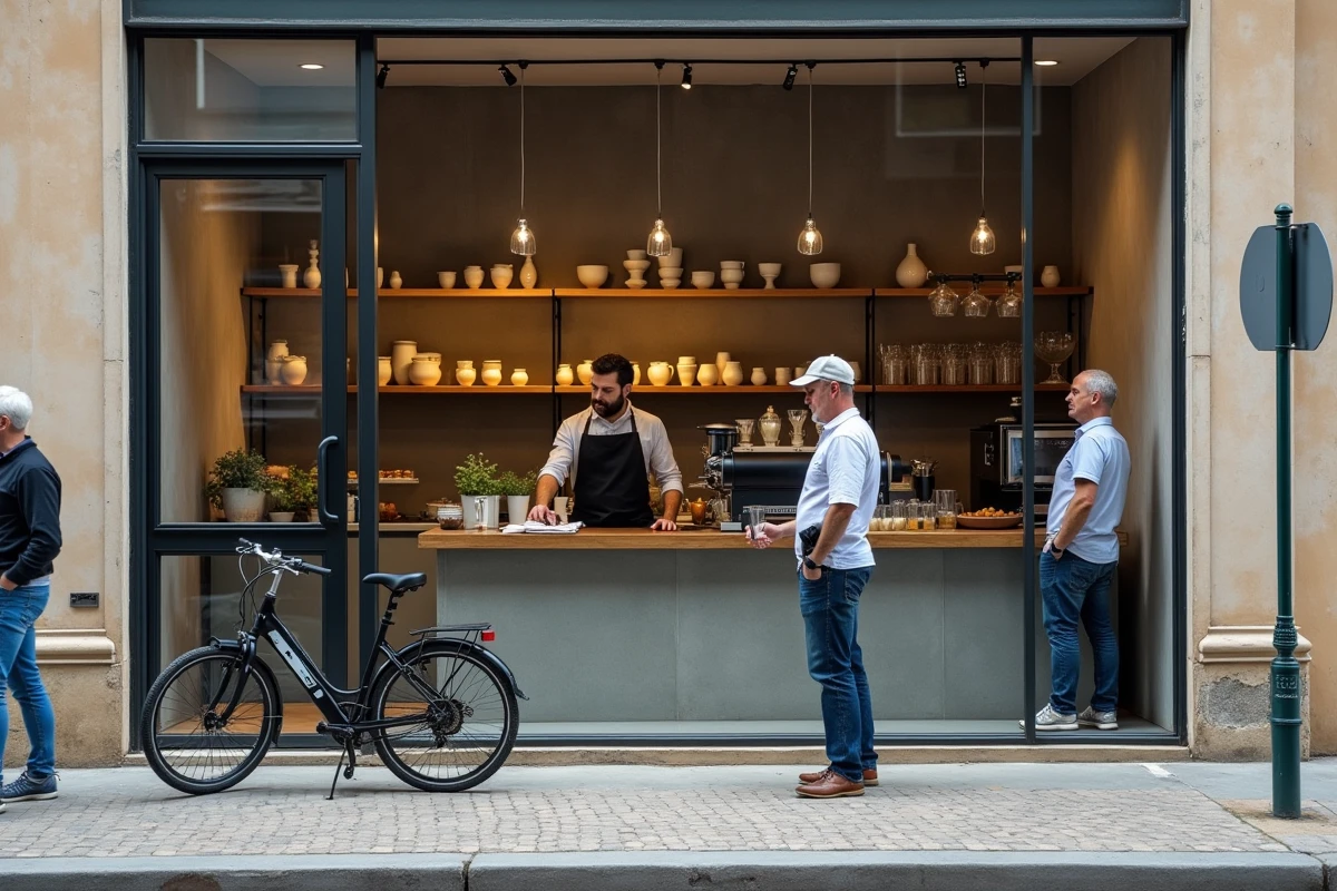 Café indépendant au style industriel dans une rue commerçante d'un quartier marseillais en mutation avec habitants discutant sur le trottoir