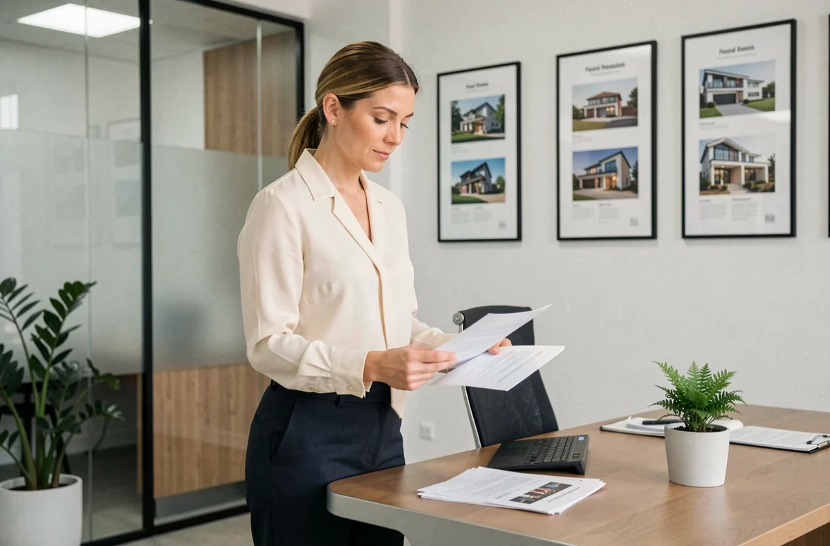 Agent de Carmen Immobilier dans une agence moderne consultant des documents de gestion locative