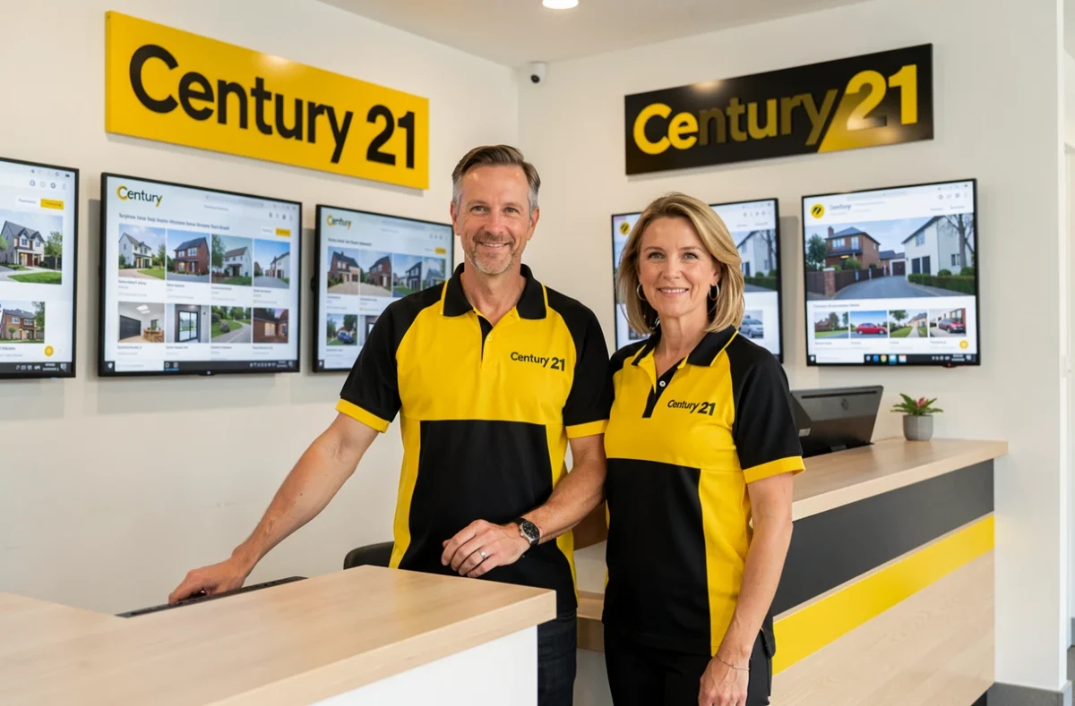 Deux agents Century 21 Pau en uniforme de marque à l'accueil de l'agence franchise locale