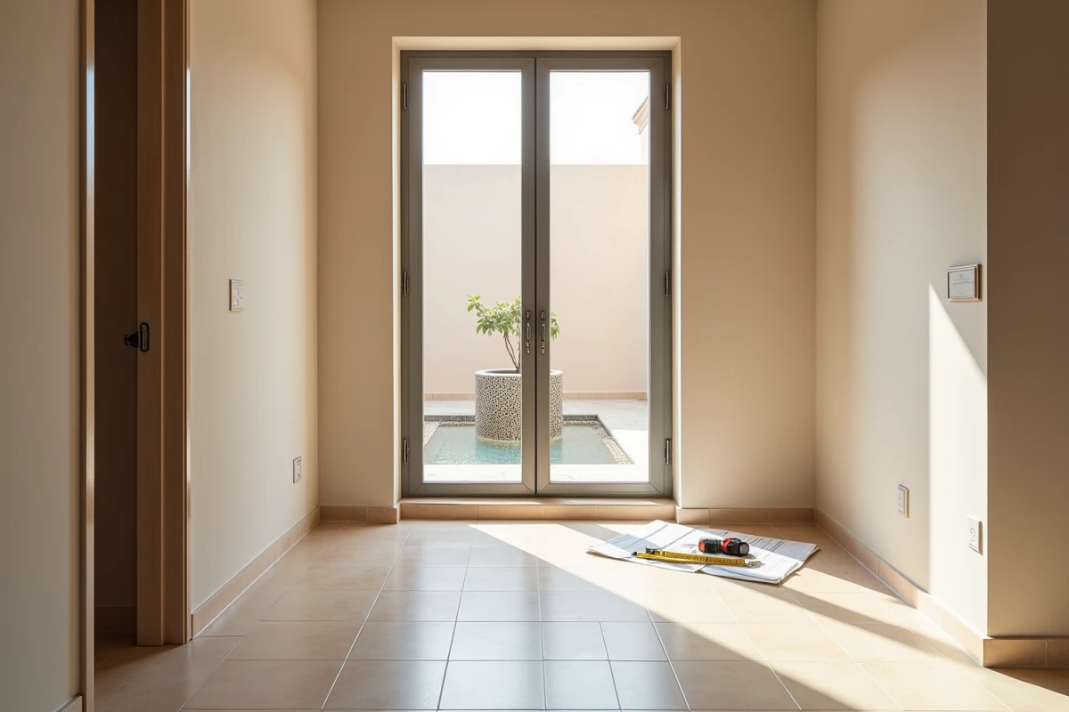 Chambre vide d'un appartement neuf à vendre à Marrakech avec murs en tadelakt et vue sur patio intérieur