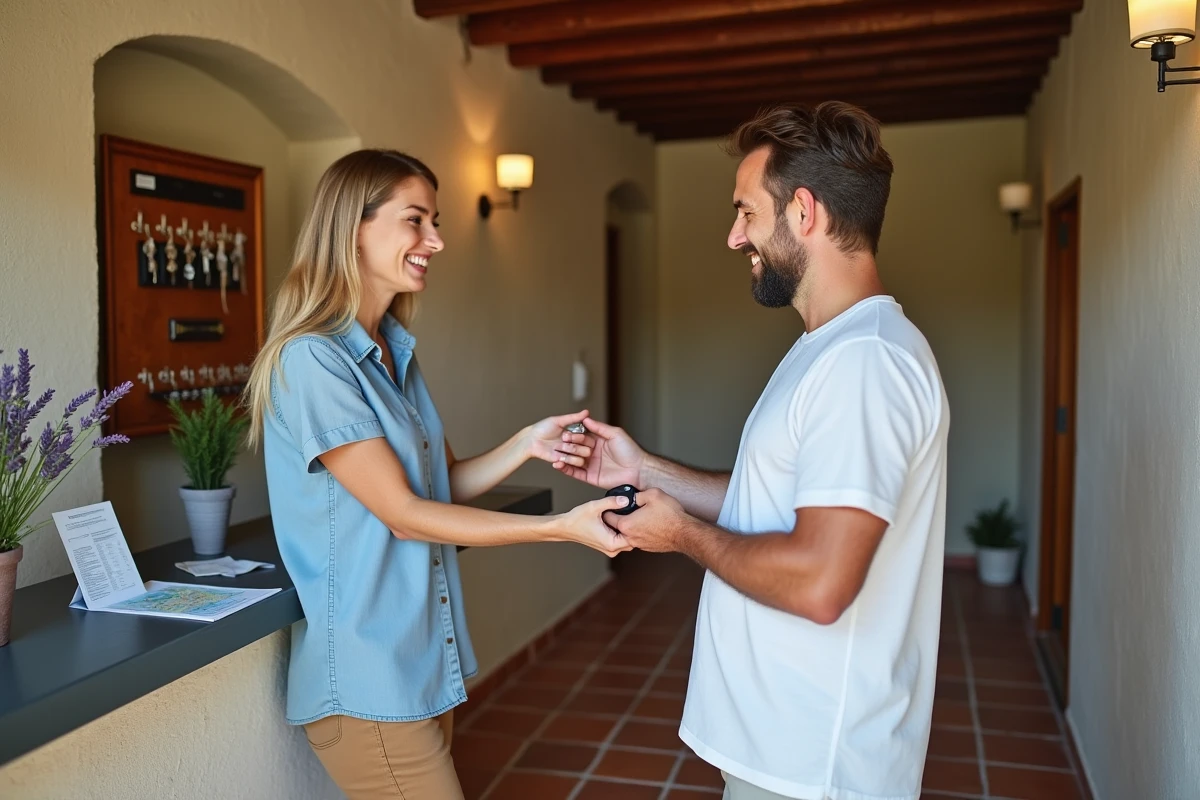 Couple de vacanciers recevant les clés d'un gîte rural français lors du check-in avec l'hôte