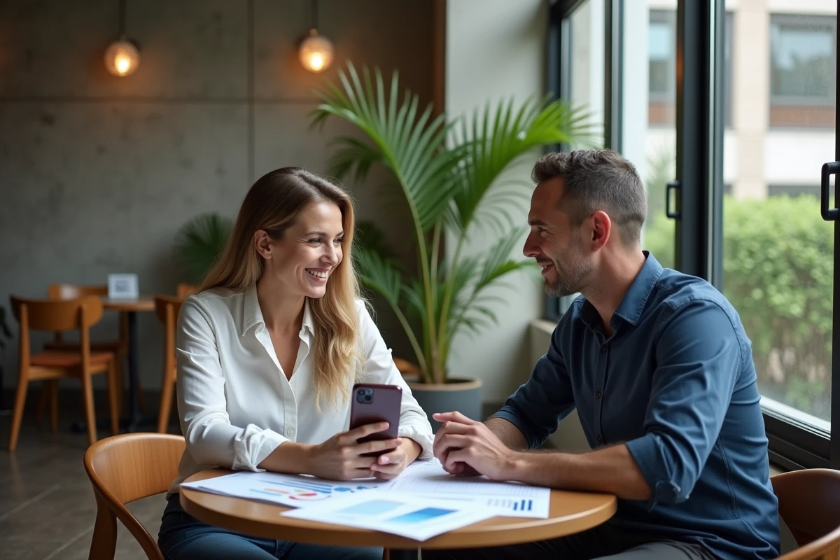 Deux propriétaires collaborant sur des rapports de performance locative dans un espace de coworking moderne