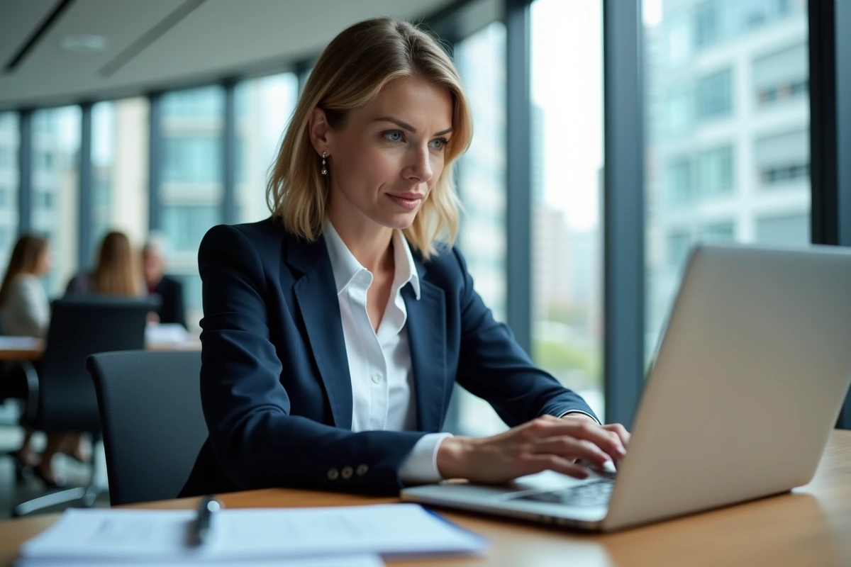 Professionnelle de l'immobilier comparant deux portails immobiliers sur deux écrans d'ordinateur dans un bureau moderne